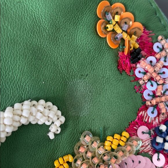 Anthropologie Monogram Green Floral Embellished Pouch NWT w/ defect Cottage Boho - Picture 9 of 11